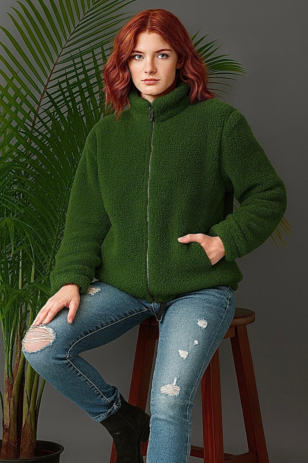 Fermuarlı Peluş Ceket H8019 - haki