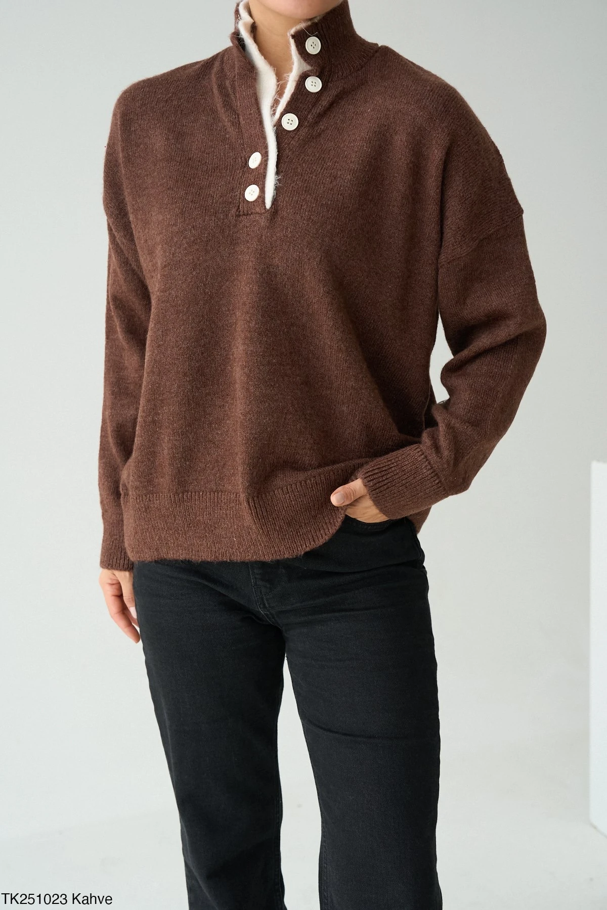 Premium Seri Yaka Detaylı Kazak B7384 - kahverengi