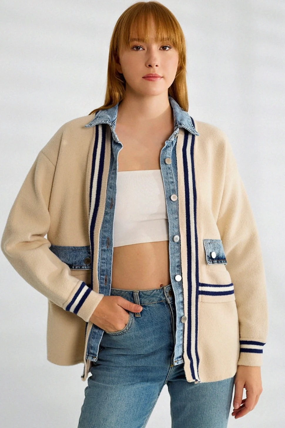 Premium Seri Jean Detay Ceket B7063 - Krem - Laci