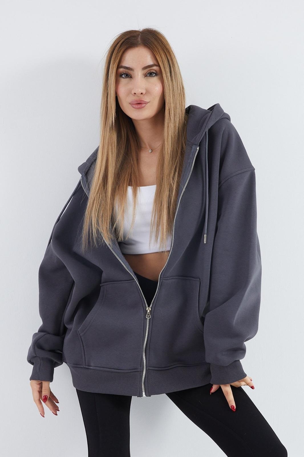 İçi Polarlı Kalın Sweatshirt ZN4545 - antrasit