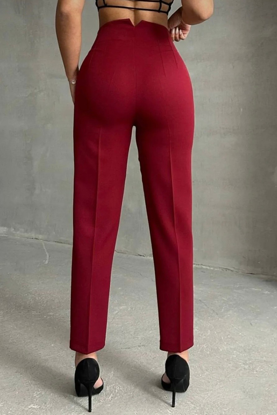 Yüksek Bel Pensli Dar Paça Toparlayıcı Pantolon TP4141 - bordo