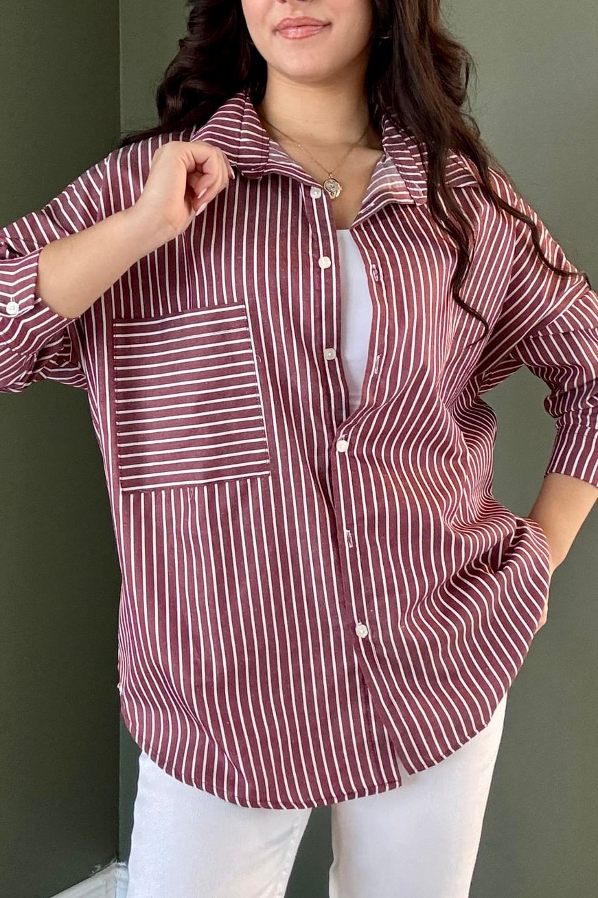 Oversize Çizgili Gömlek B5039 - bordo