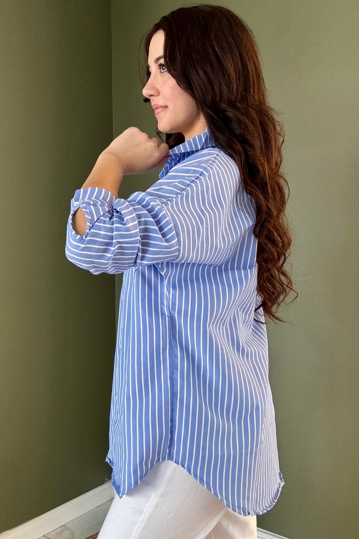 Oversize Çizgili Gömlek B5039 - mavi̇