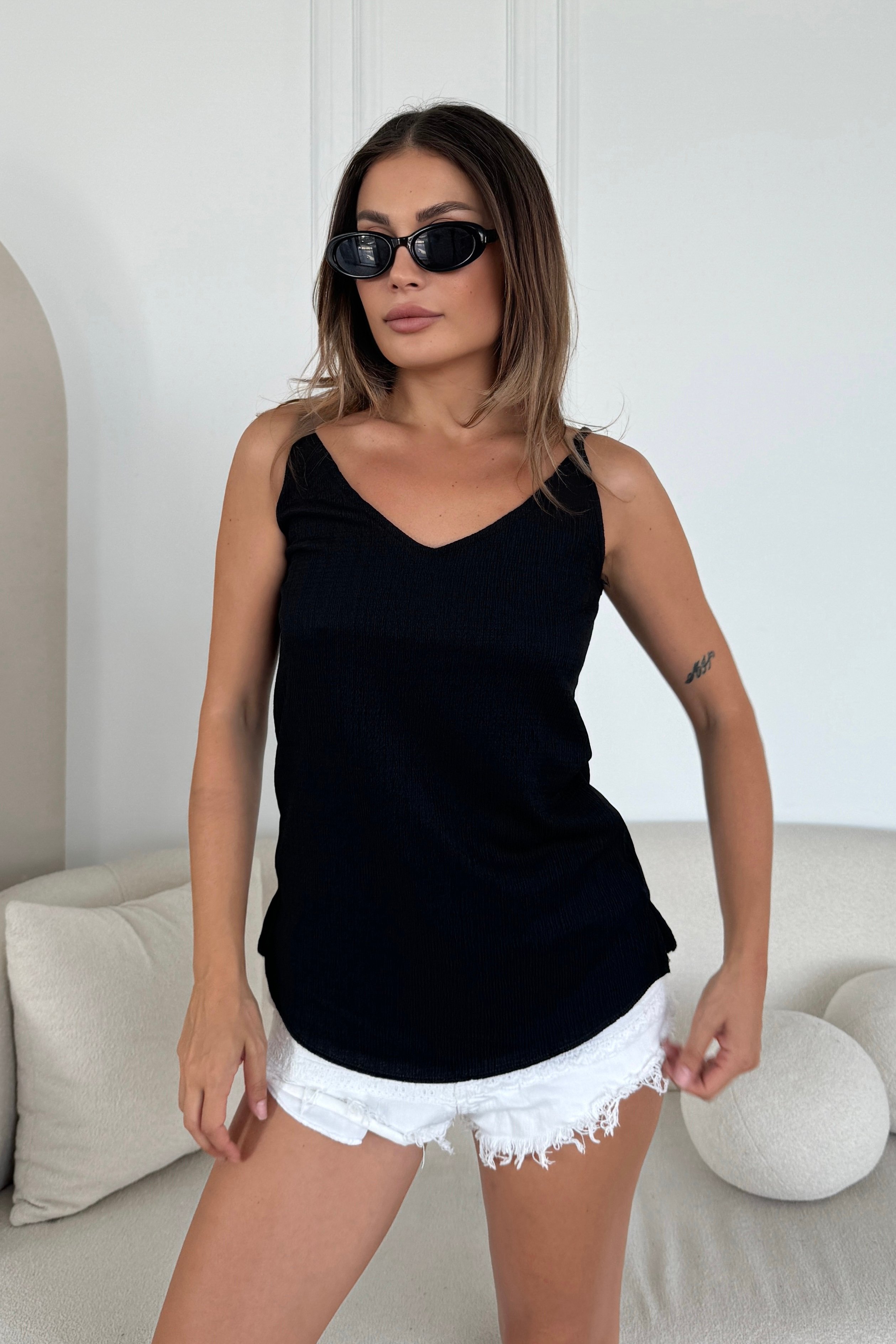 Askılı Krinkıl Dokulu Bluz Y3617 - siyah
