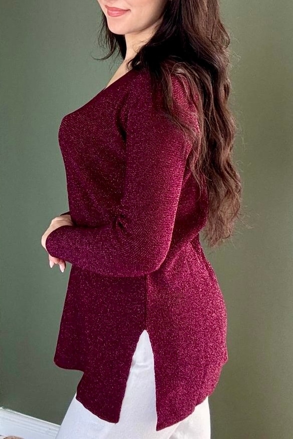 V Yaka Simli Triko (Kalçayı Kapatır) D5039 - bordo