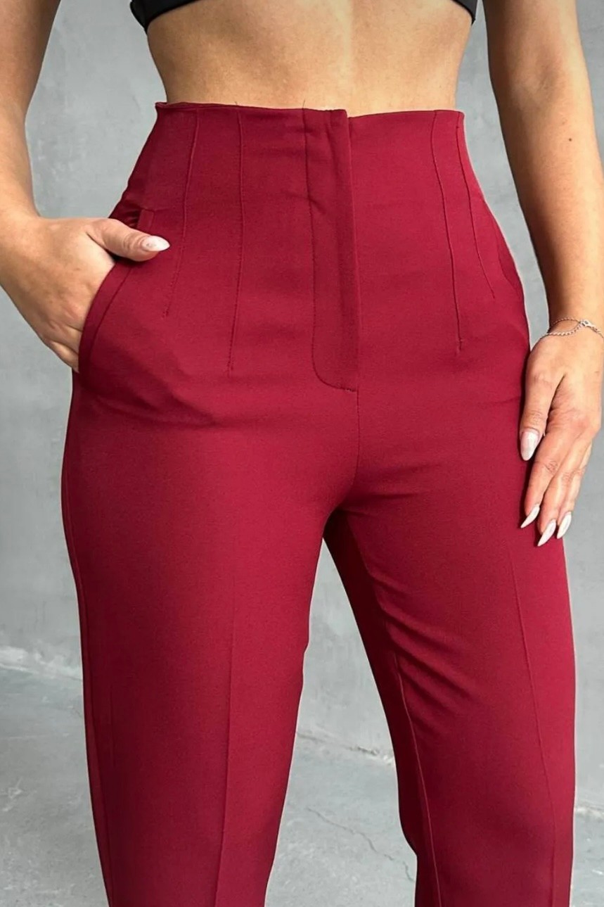 Yüksek Bel Pensli Dar Paça Toparlayıcı Pantolon TP4141 - bordo