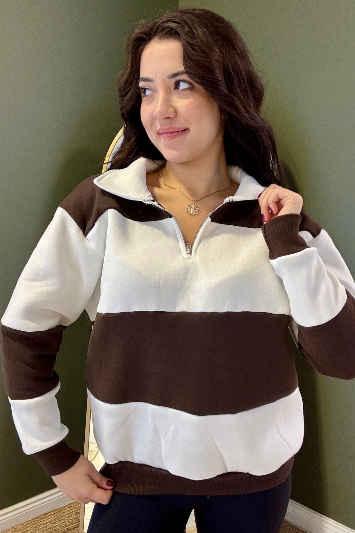 Kalın Çizgili Marin Sweatshirt M3641 - kahverengi