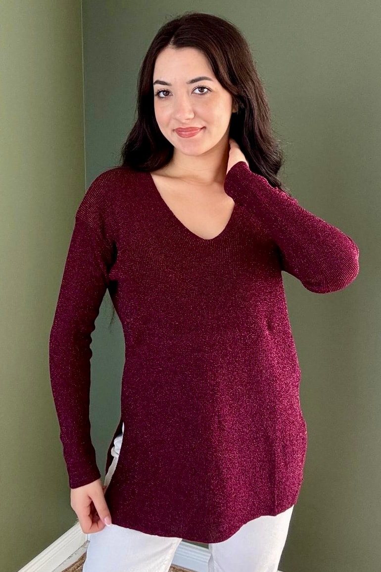 V Yaka Simli Triko (Kalçayı Kapatır) D5039 - bordo