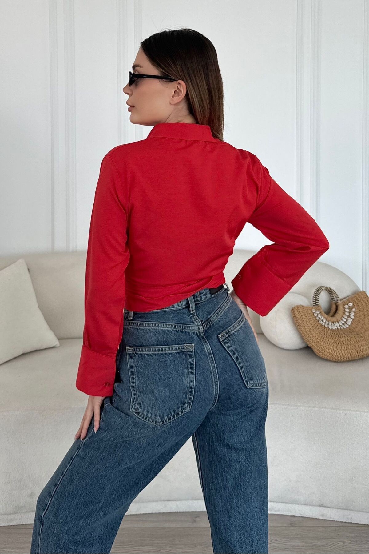 Lüx Kalite Bağlamalı Poplin Gömlek BB0250 - kırmızı1