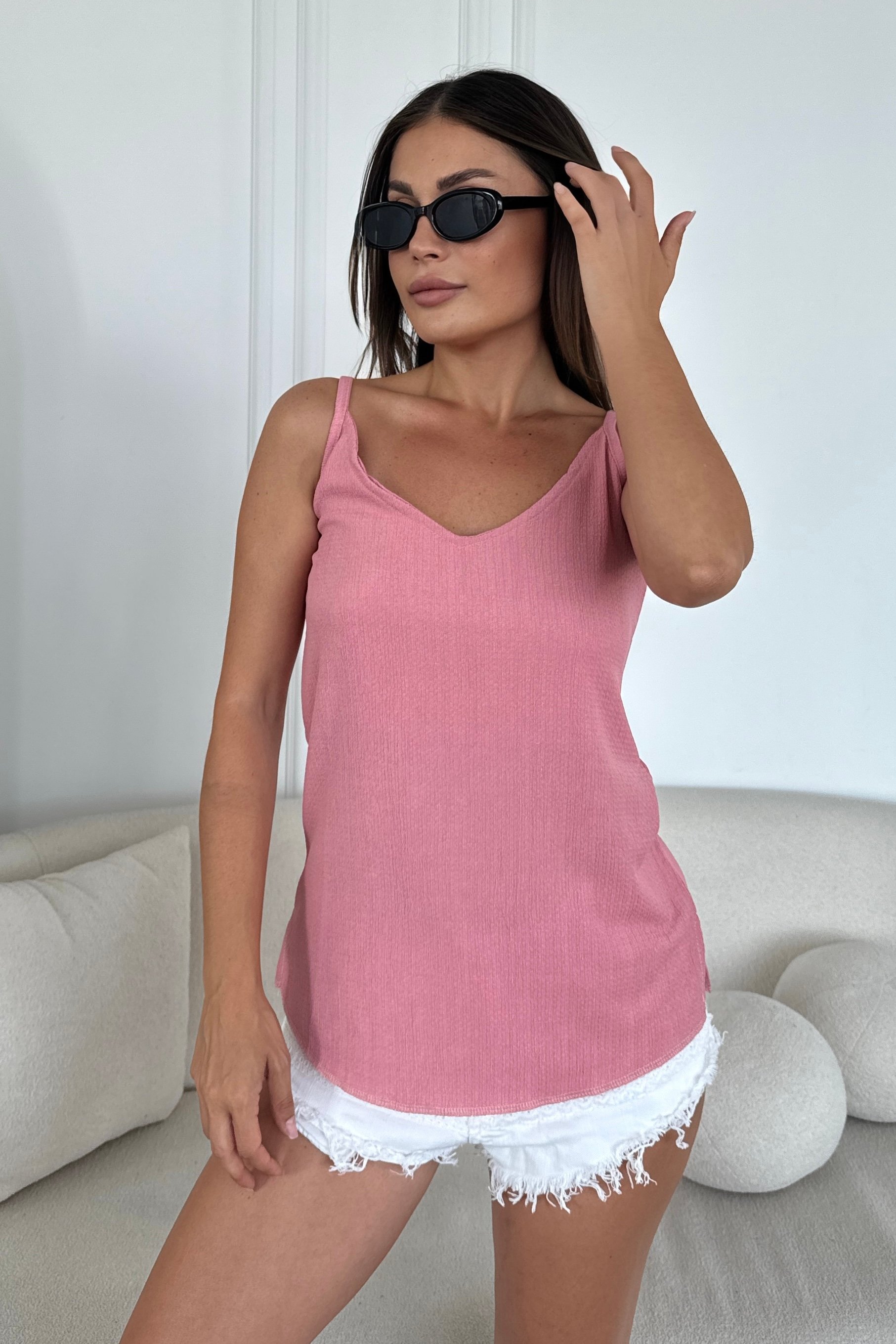 Askılı Krinkıl Dokulu Bluz Y3617 - gül kurusu