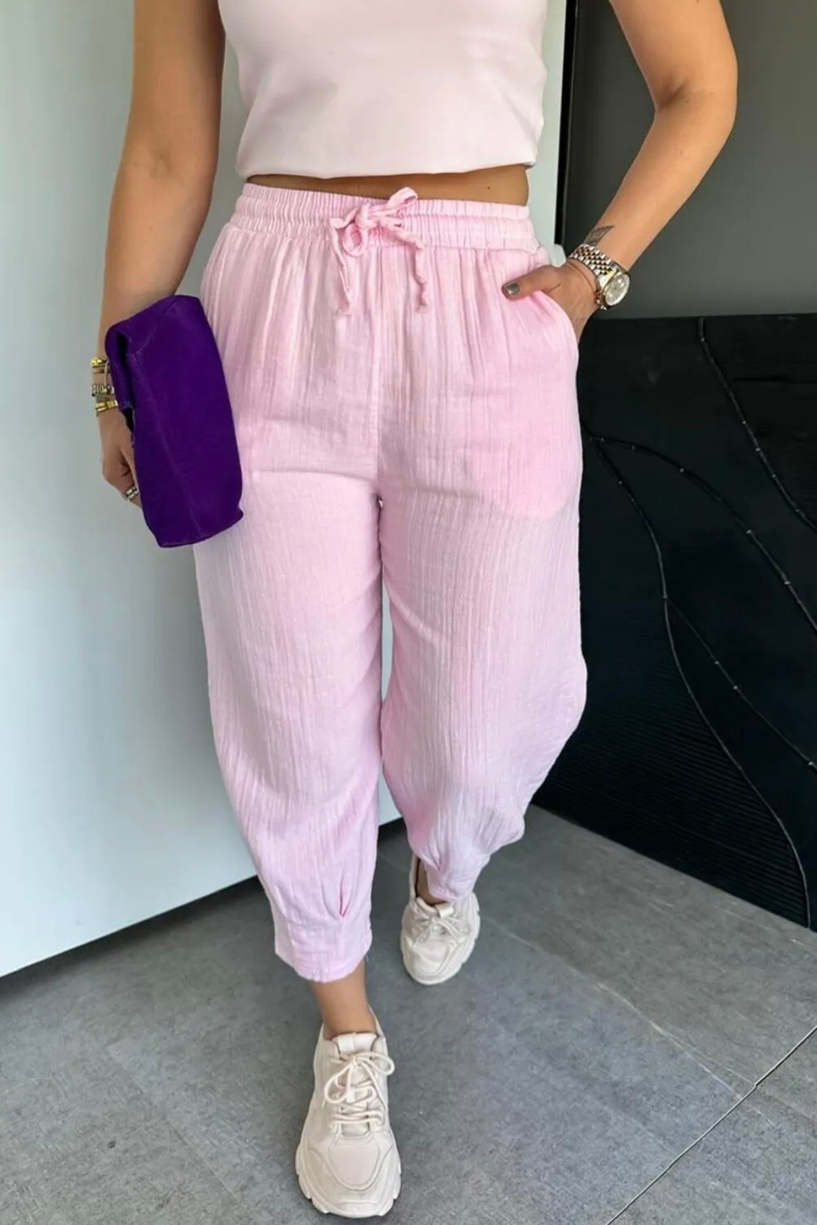 Paça Pensli Müslin Balon Pantolon FG8797 - pembe