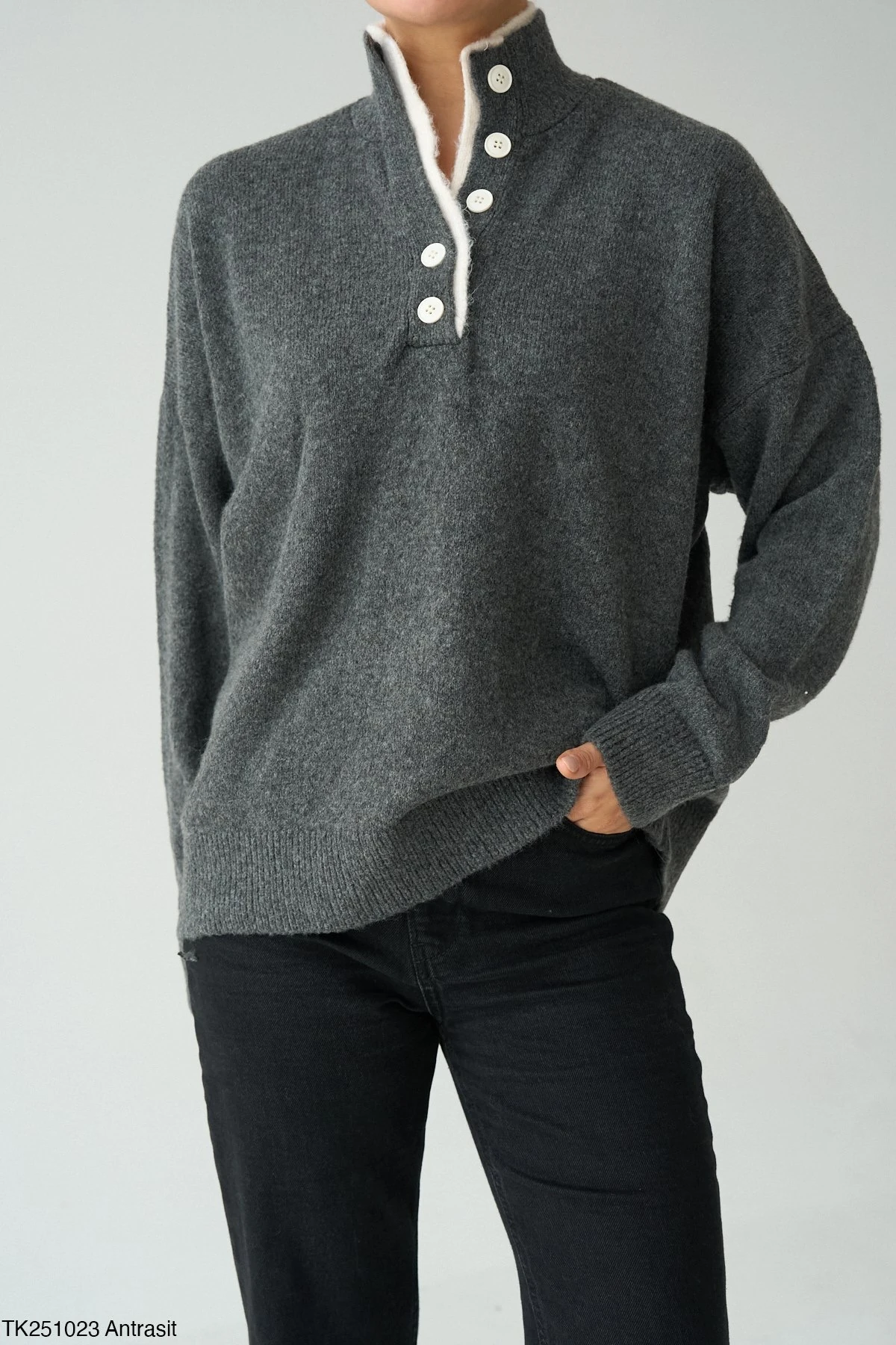 Premium Seri Yaka Detaylı Kazak B7384 - antrasit