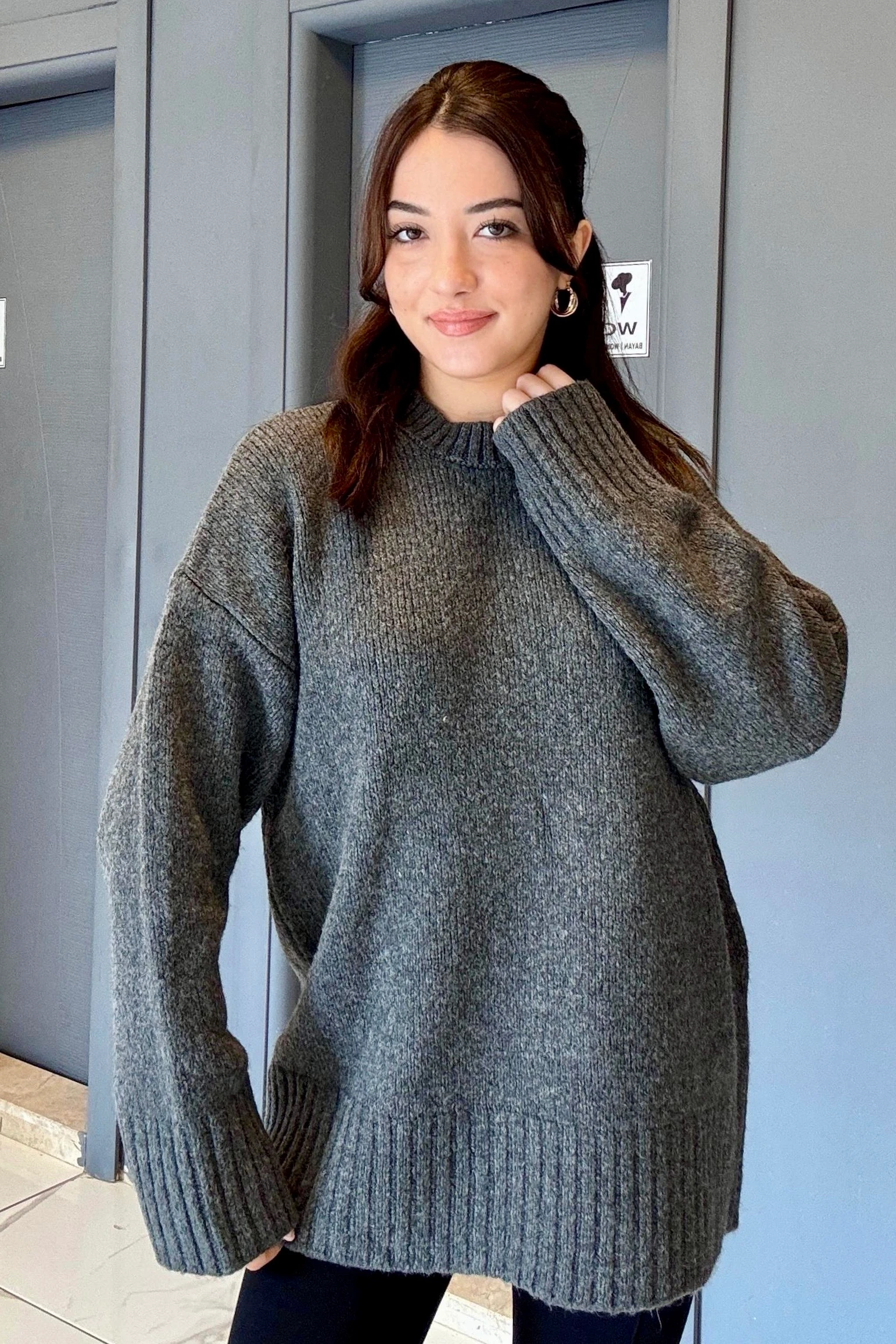 Premium Seri Uzun Salaş Kazak (Kalçayı Kapatır) B5980  - antrasit