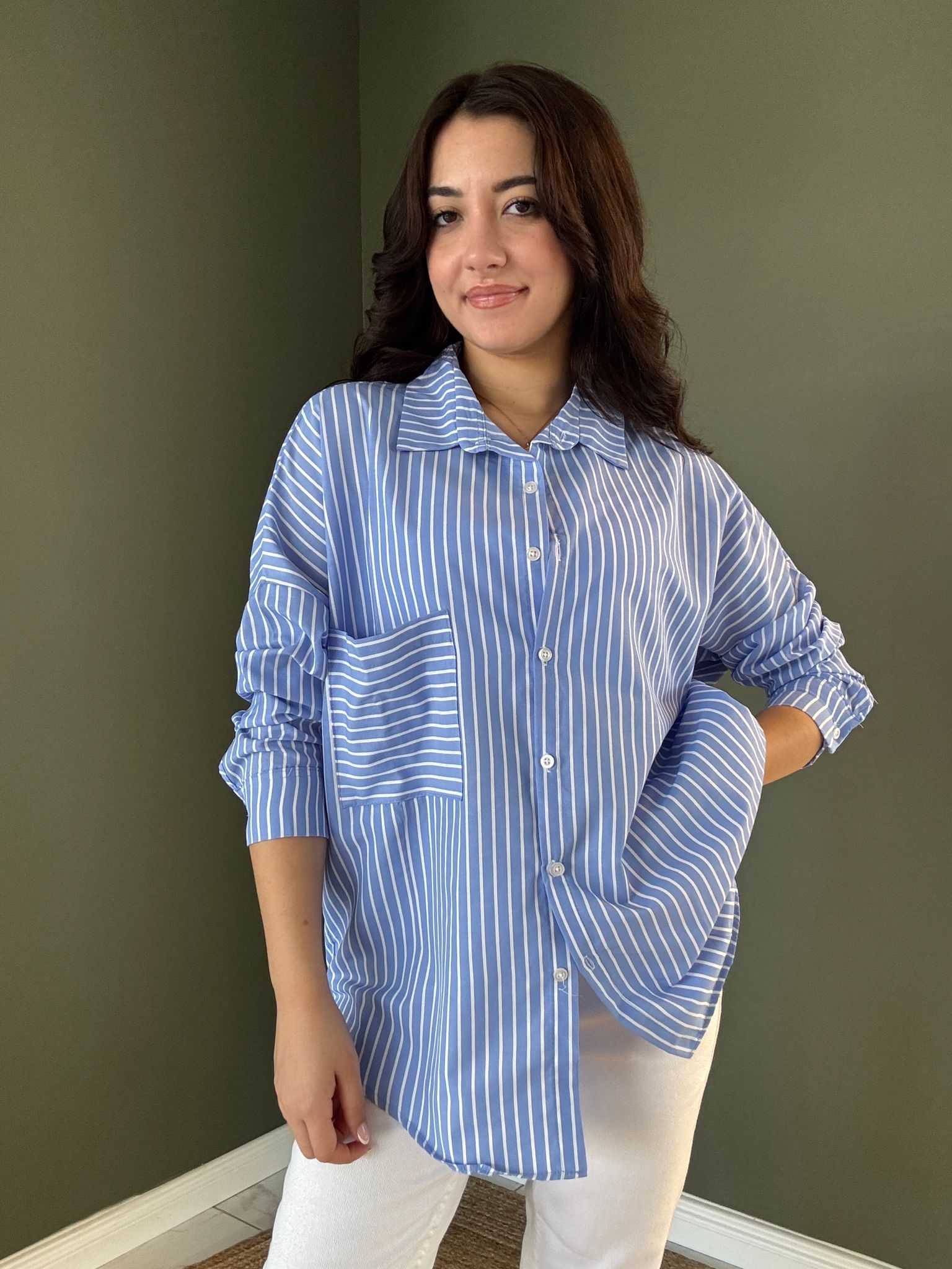 Oversize Çizgili Gömlek B5039 - mavi̇