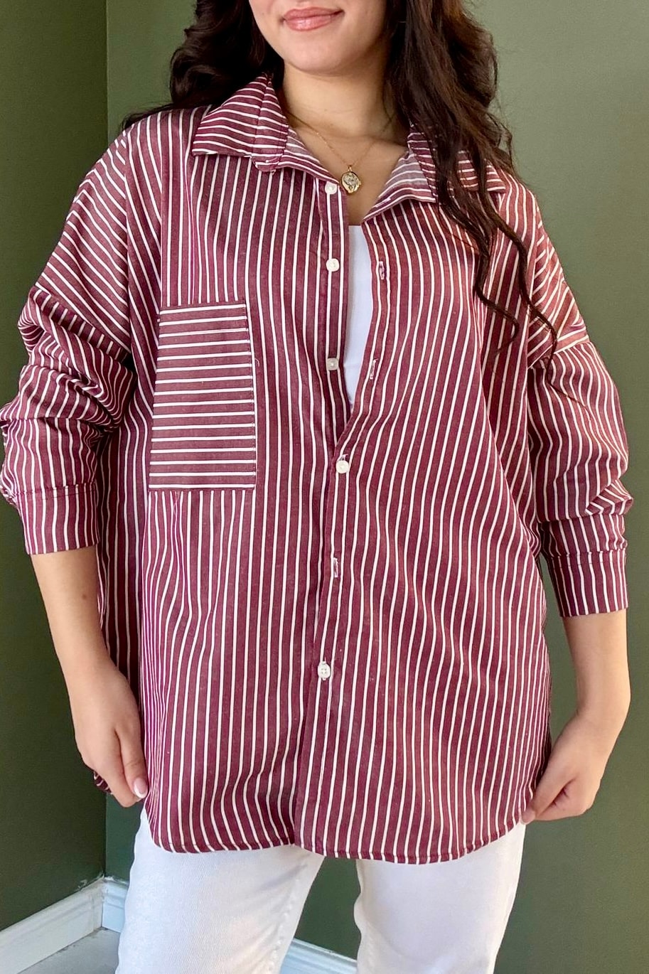 Oversize Çizgili Gömlek B5039 - bordo