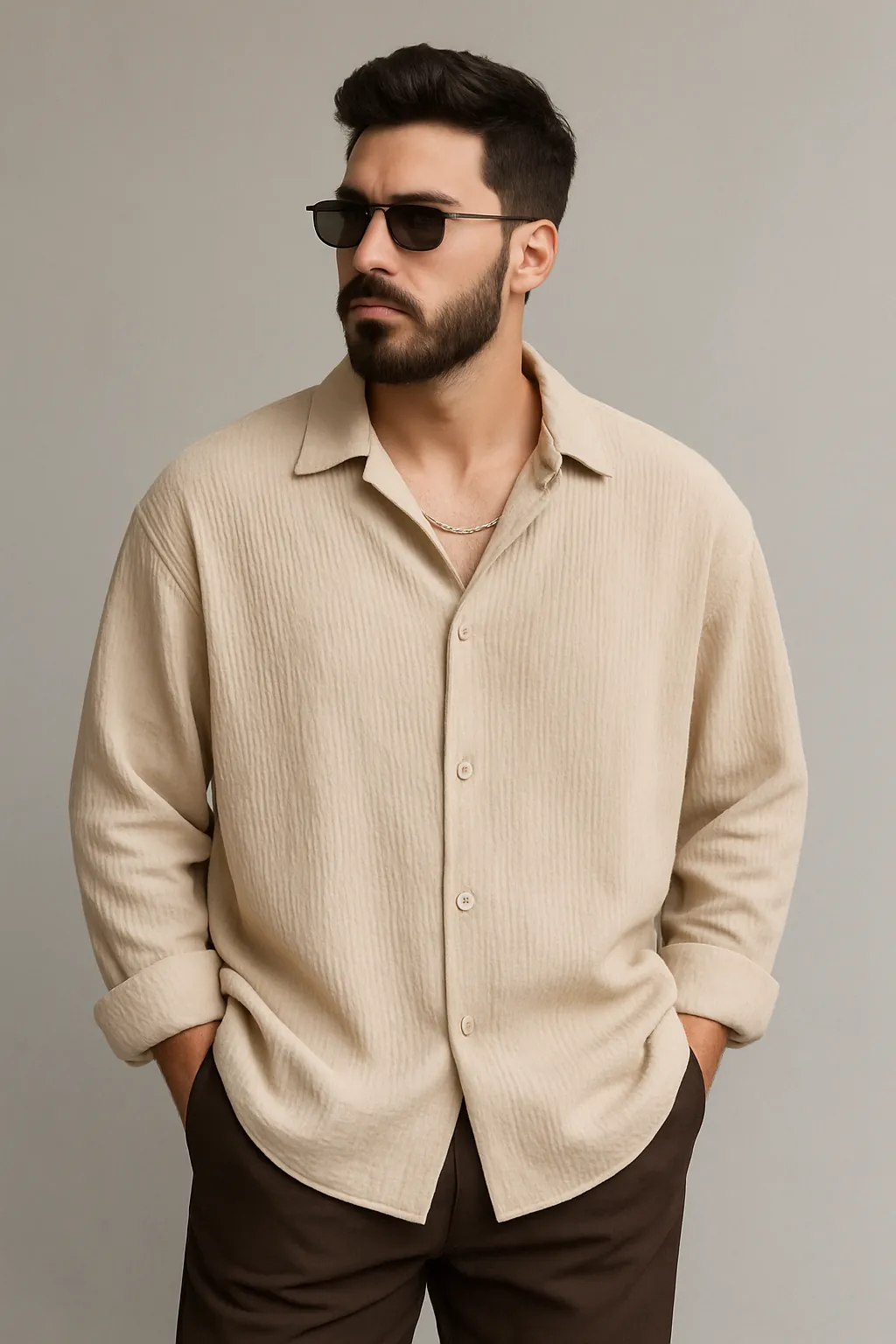 Erkek Ütü İstemeyen Oversize Bürümcük Gömlek D4588 - vizon