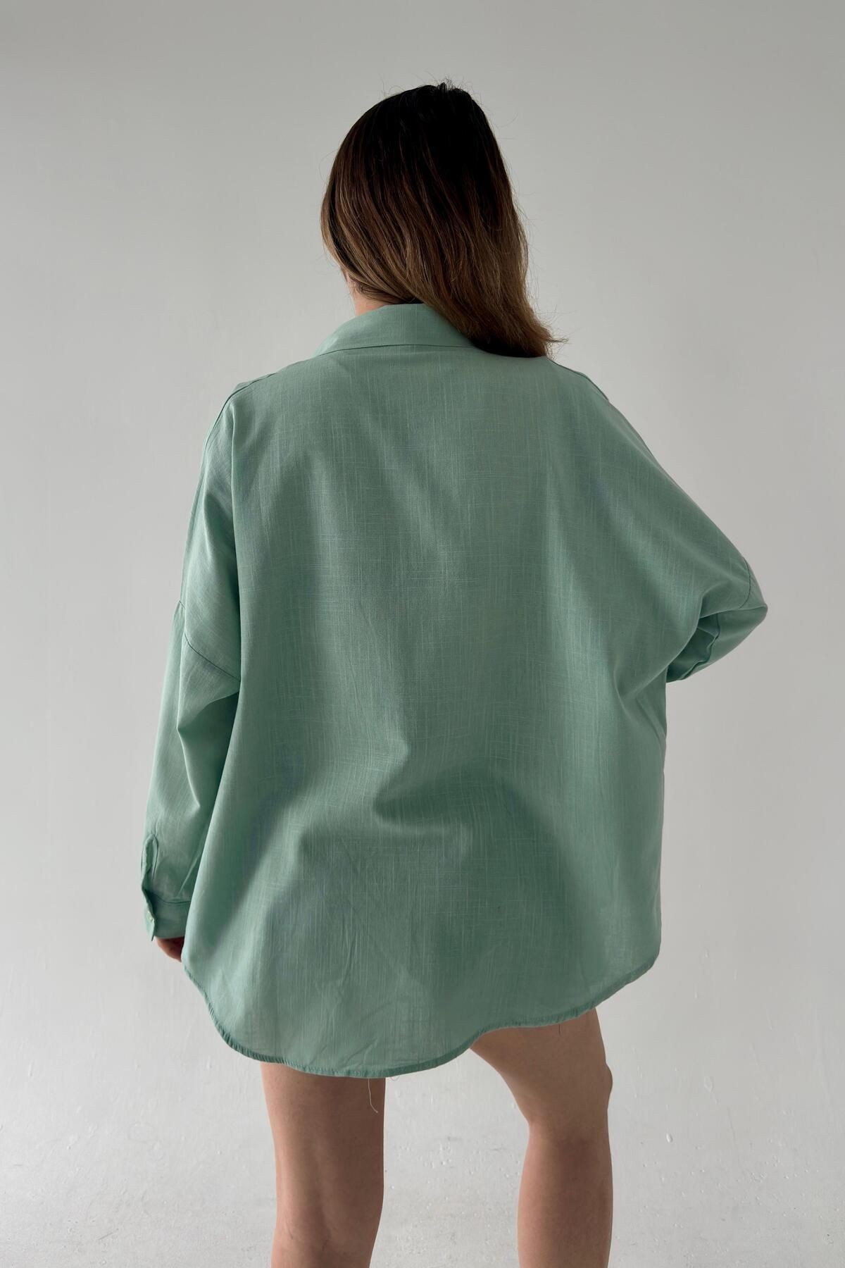 Oversize Keten Dokulu %100 Pamuk Salaş Gömlek Bb-ku3435 - açık haki98