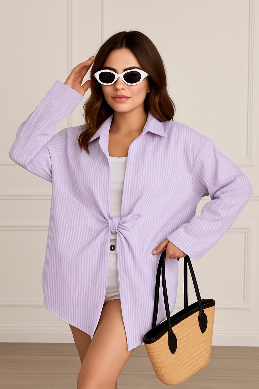 Özel Seri Oversize Bağlamalı Kimono Gömlek B6547 - lila