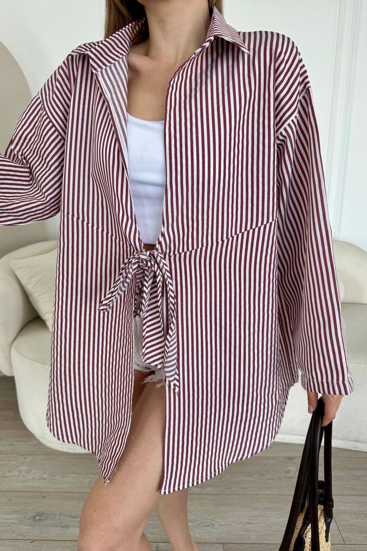 Özel Seri Oversize Bağlamalı Kimono Gömlek B6547 - bordo