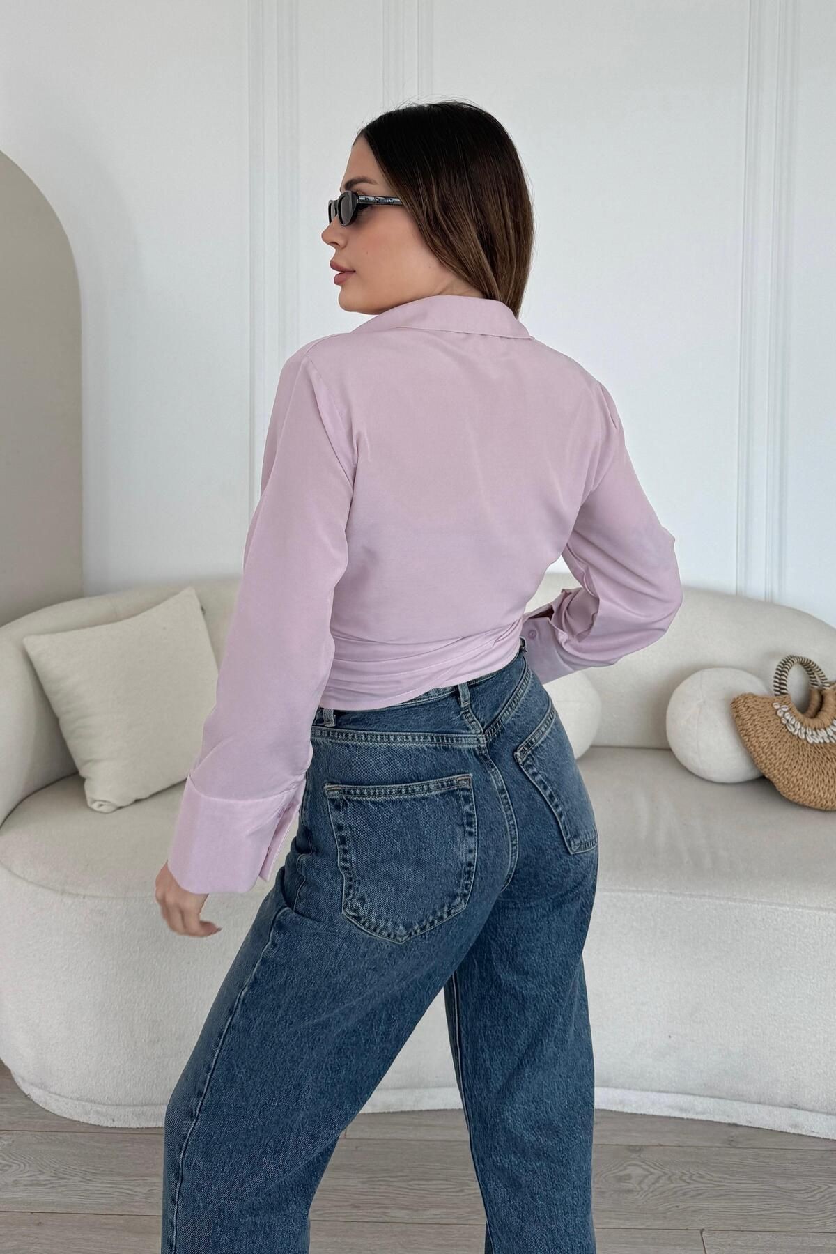 Lüx Kalite Bağlamalı Poplin Gömlek BB0250 - pembe1