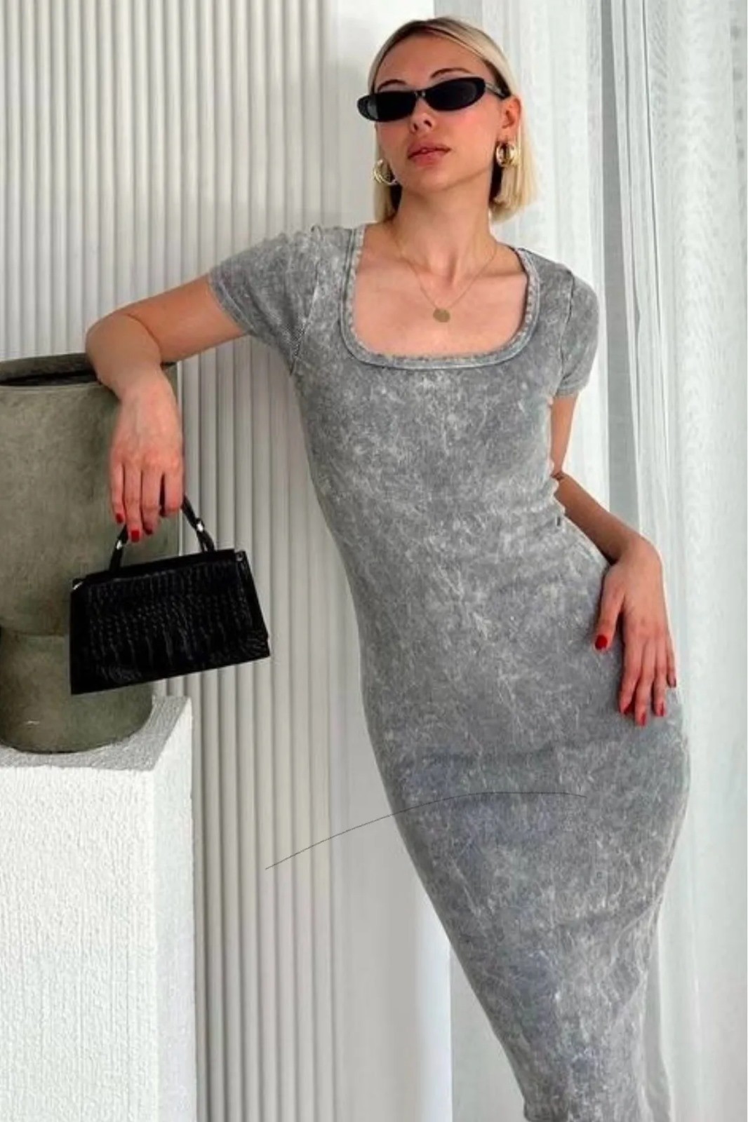 Uzun Batik Desen Elbise BW5007 - gri