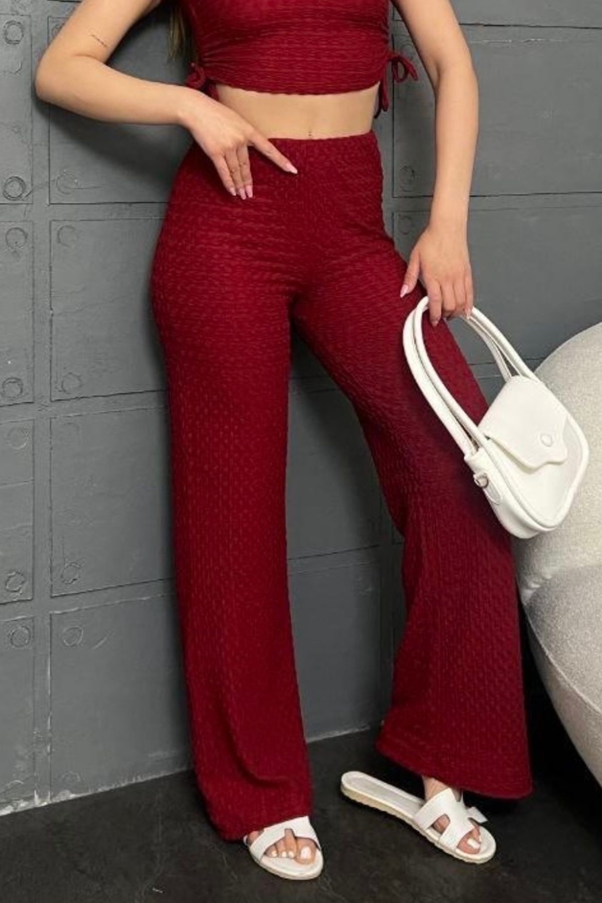 Ütü İstemeyen Büzgülü Bubble İkili Takım BB0010 - bordo