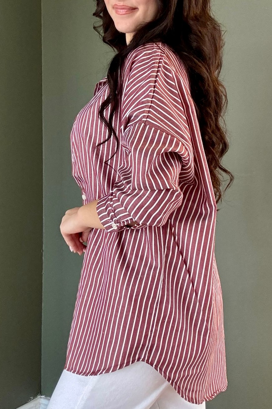 Oversize Çizgili Gömlek B5039 - bordo