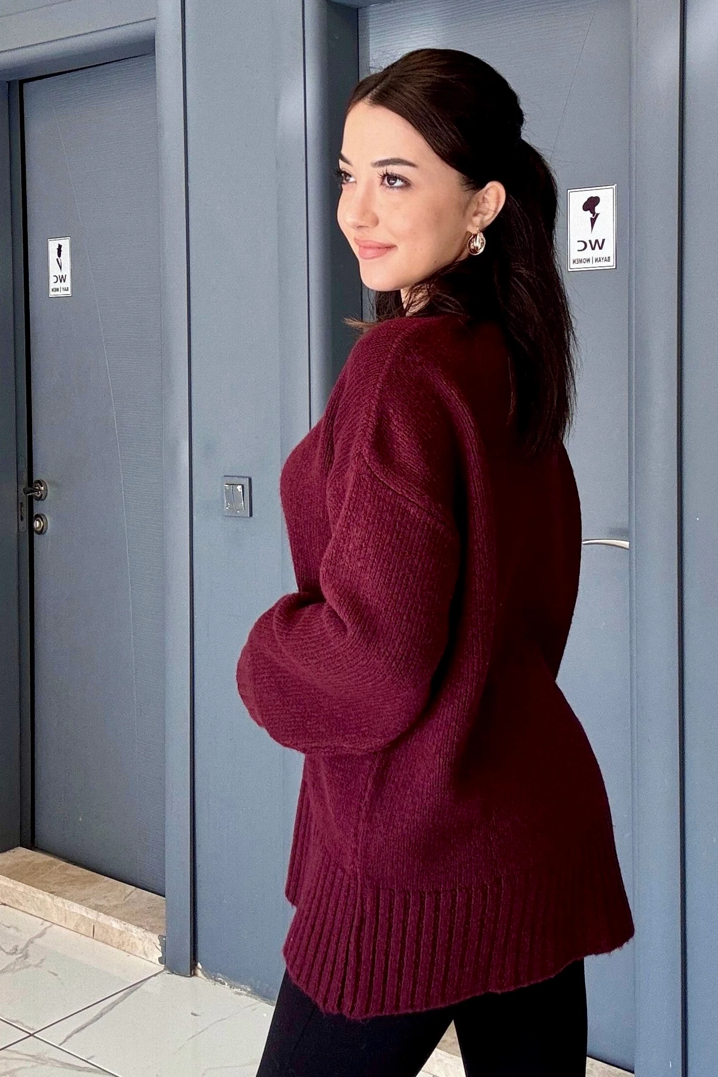 Premium Seri Uzun Salaş Kazak (Kalçayı Kapatır) B5980  - bordo