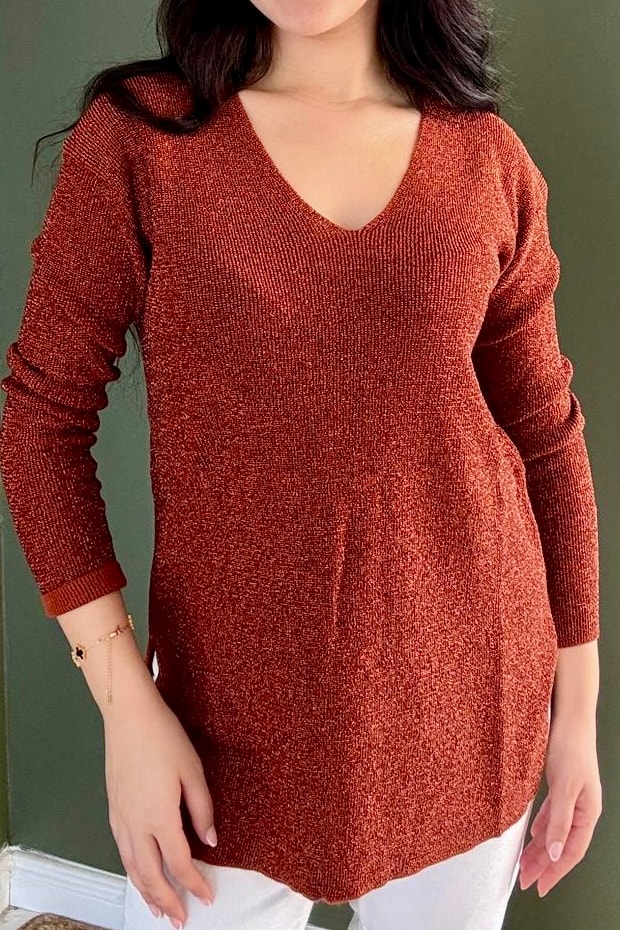 V Yaka Simli Triko (Kalçayı Kapatır) D5039 - tarçın