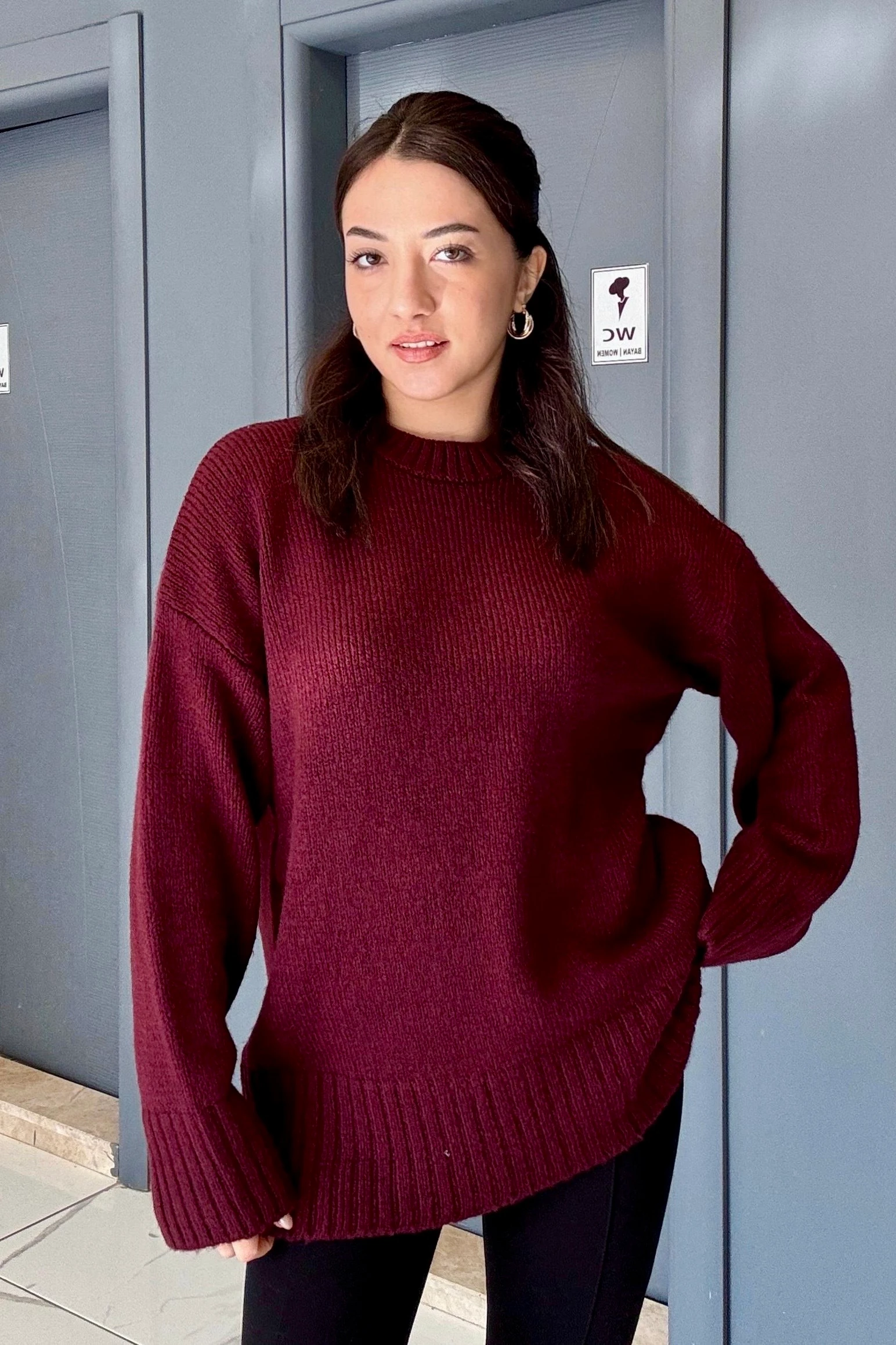 Premium Seri Uzun Salaş Kazak (Kalçayı Kapatır) B5980  - bordo