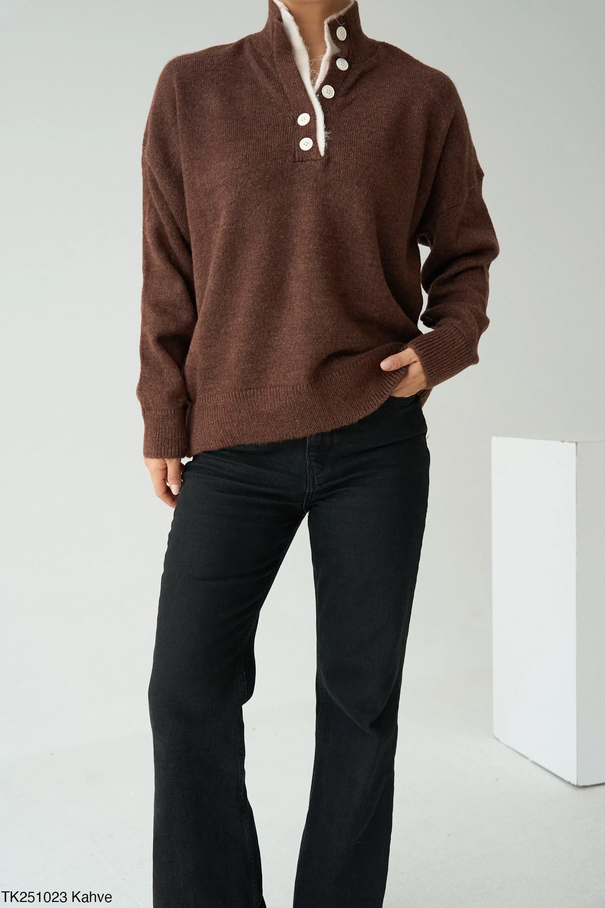 Premium Seri Yaka Detaylı Kazak B7384 - kahverengi