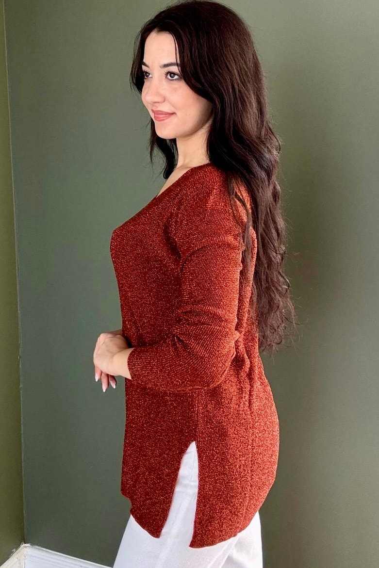 V Yaka Simli Triko (Kalçayı Kapatır) D5039 - tarçın