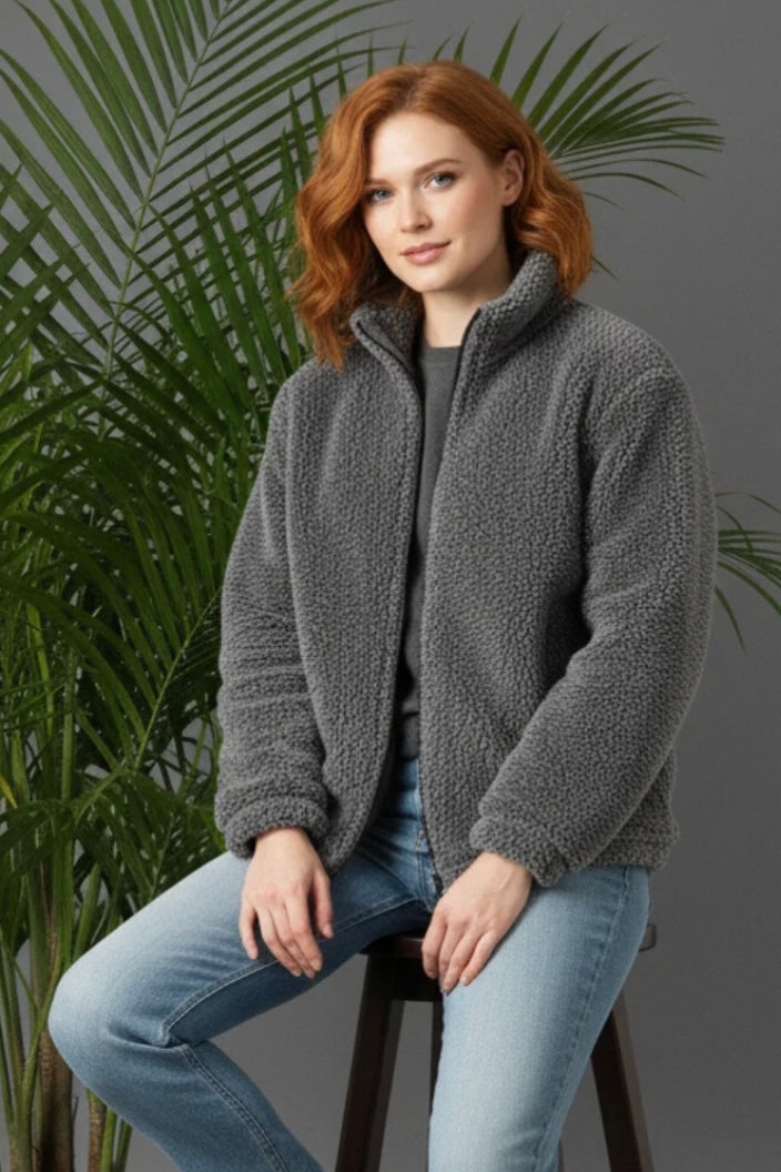 Fermuarlı Peluş Ceket H8019 - gri