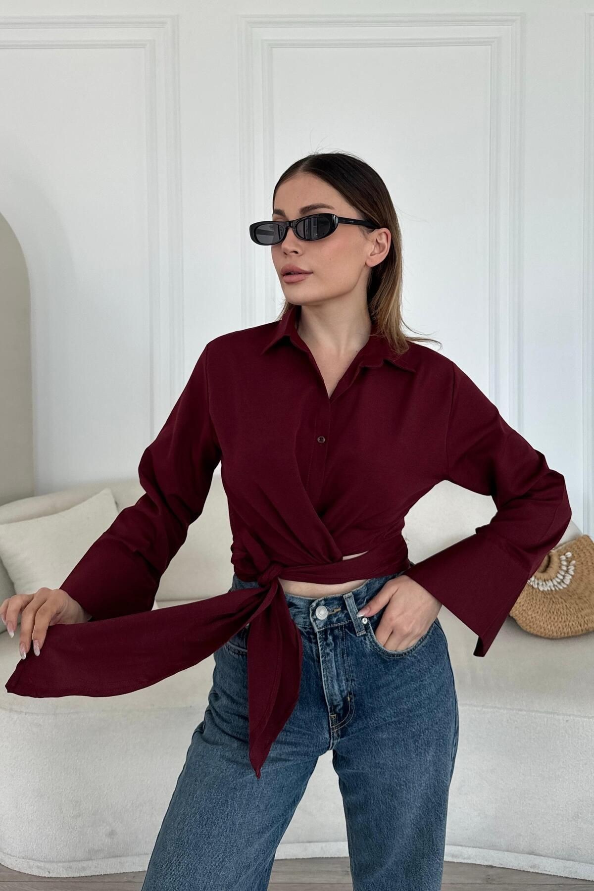 Lüx Kalite Bağlamalı Poplin Gömlek BB0250 - bordo1