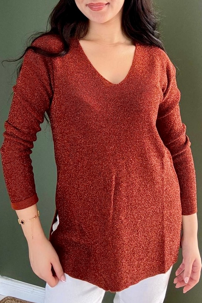 V Yaka Simli Triko (Kalçayı Kapatır) D5039 - tarçın
