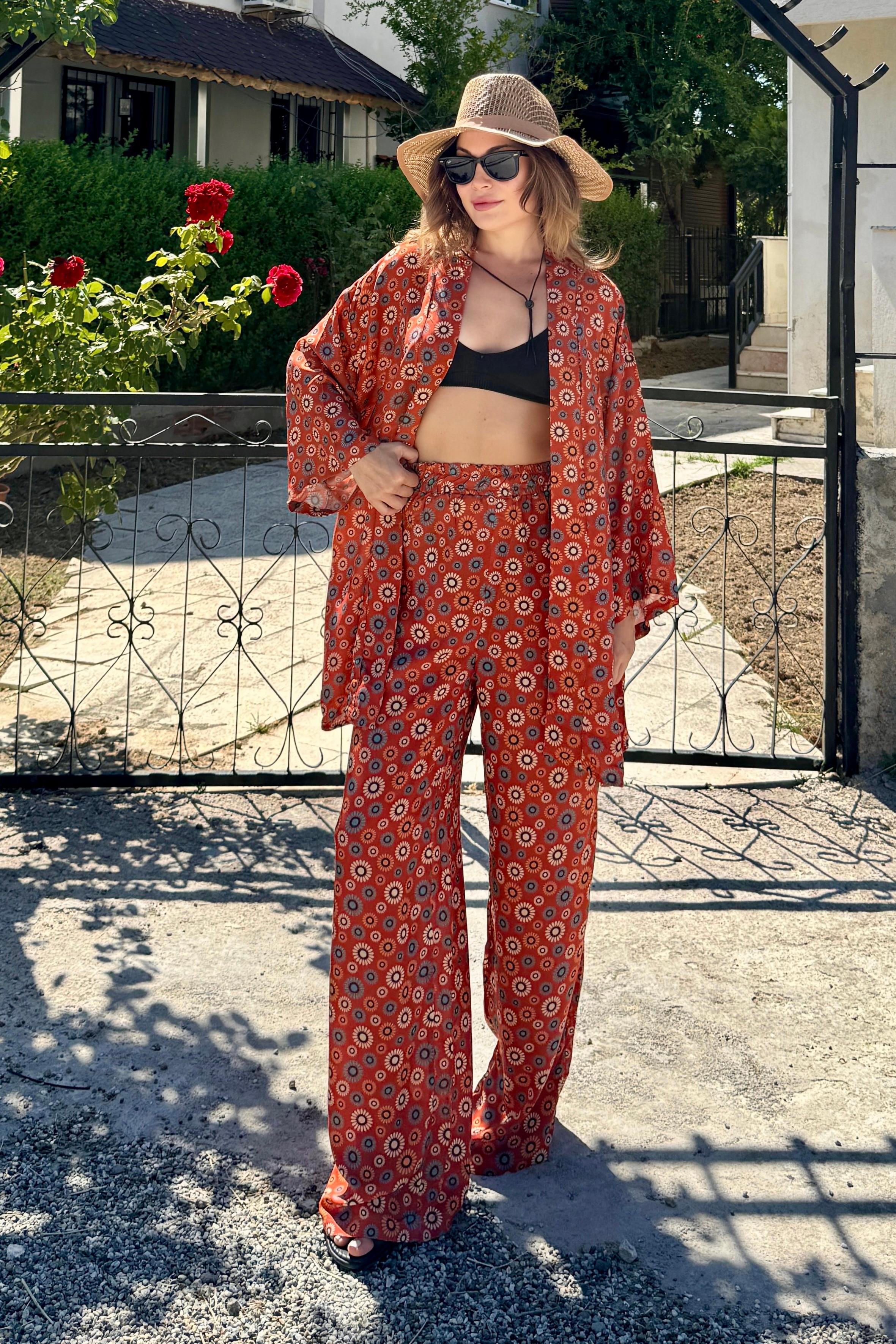 Alaçatı Vual Kimono Takım VL6757 - Retro Çiçek