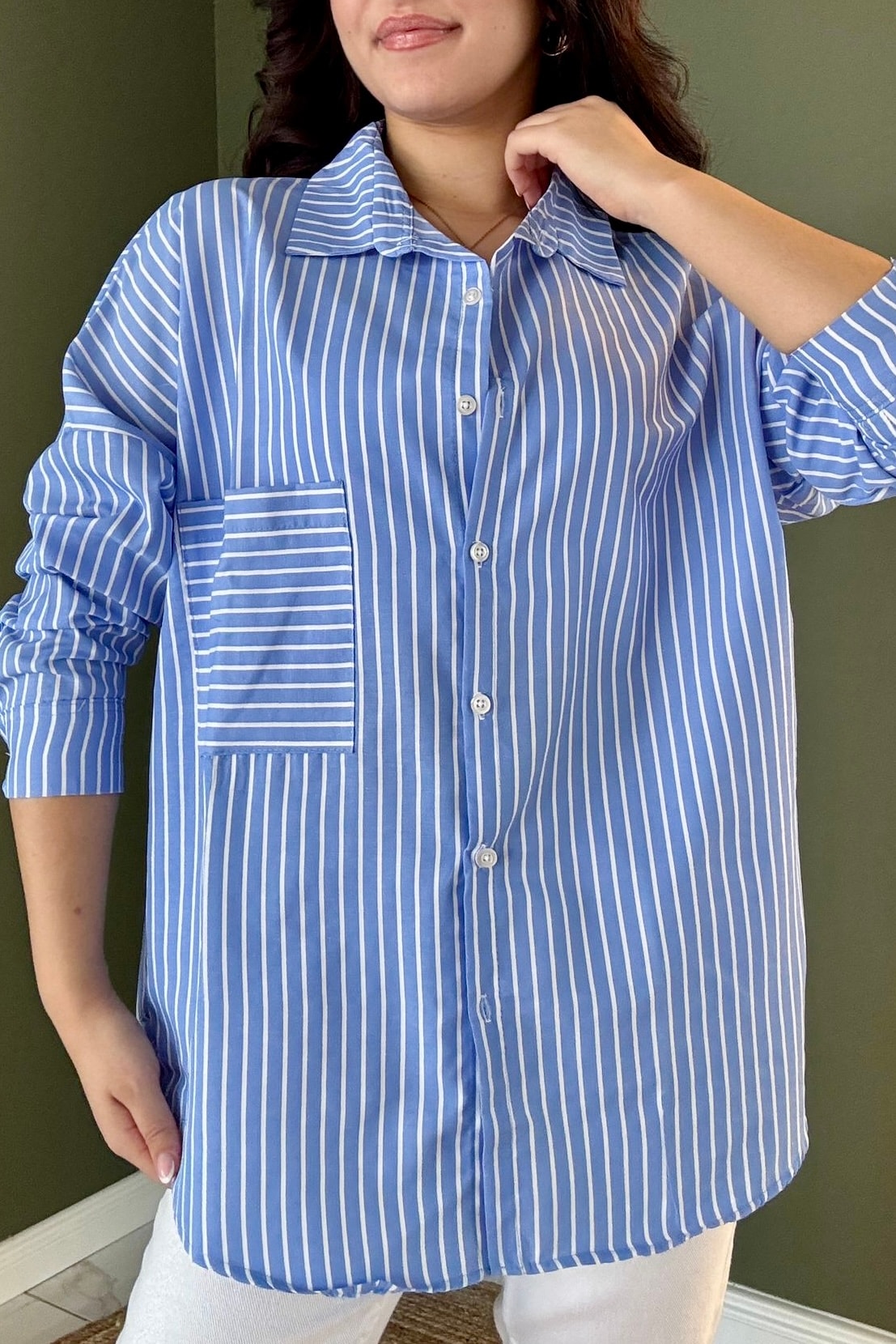 Oversize Çizgili Gömlek B5039 - mavi̇