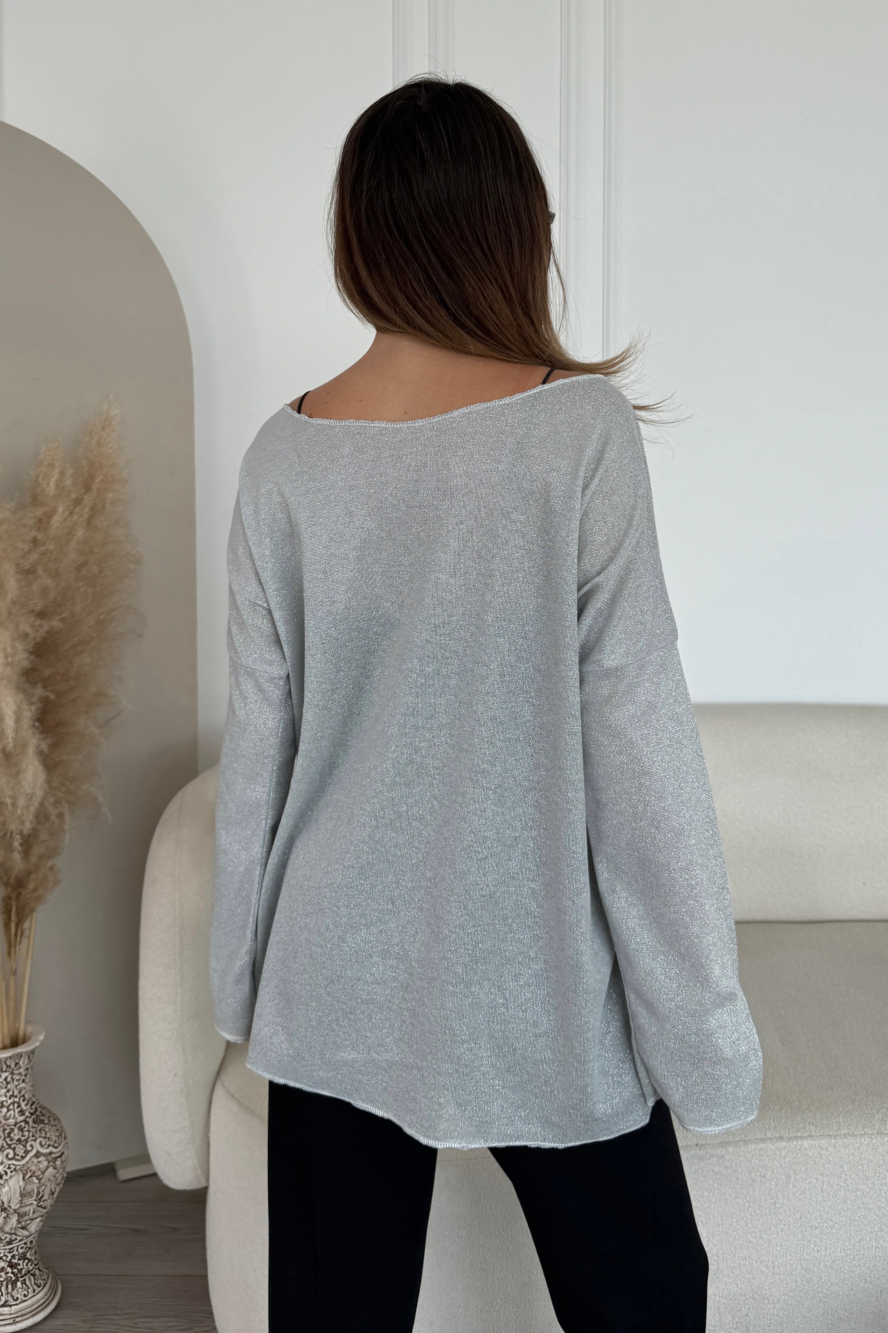Kayık Yaka Simli Bluz D5444 - gri