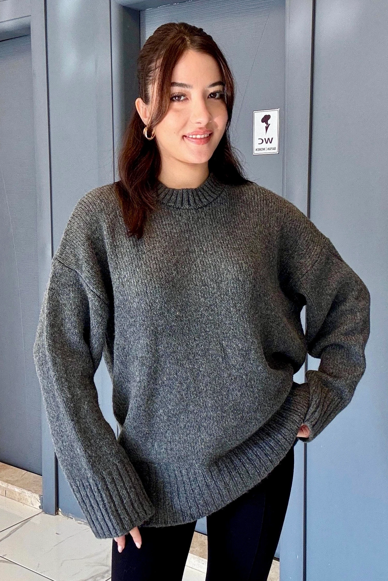 Premium Seri Uzun Salaş Kazak (Kalçayı Kapatır) B5980  - antrasit