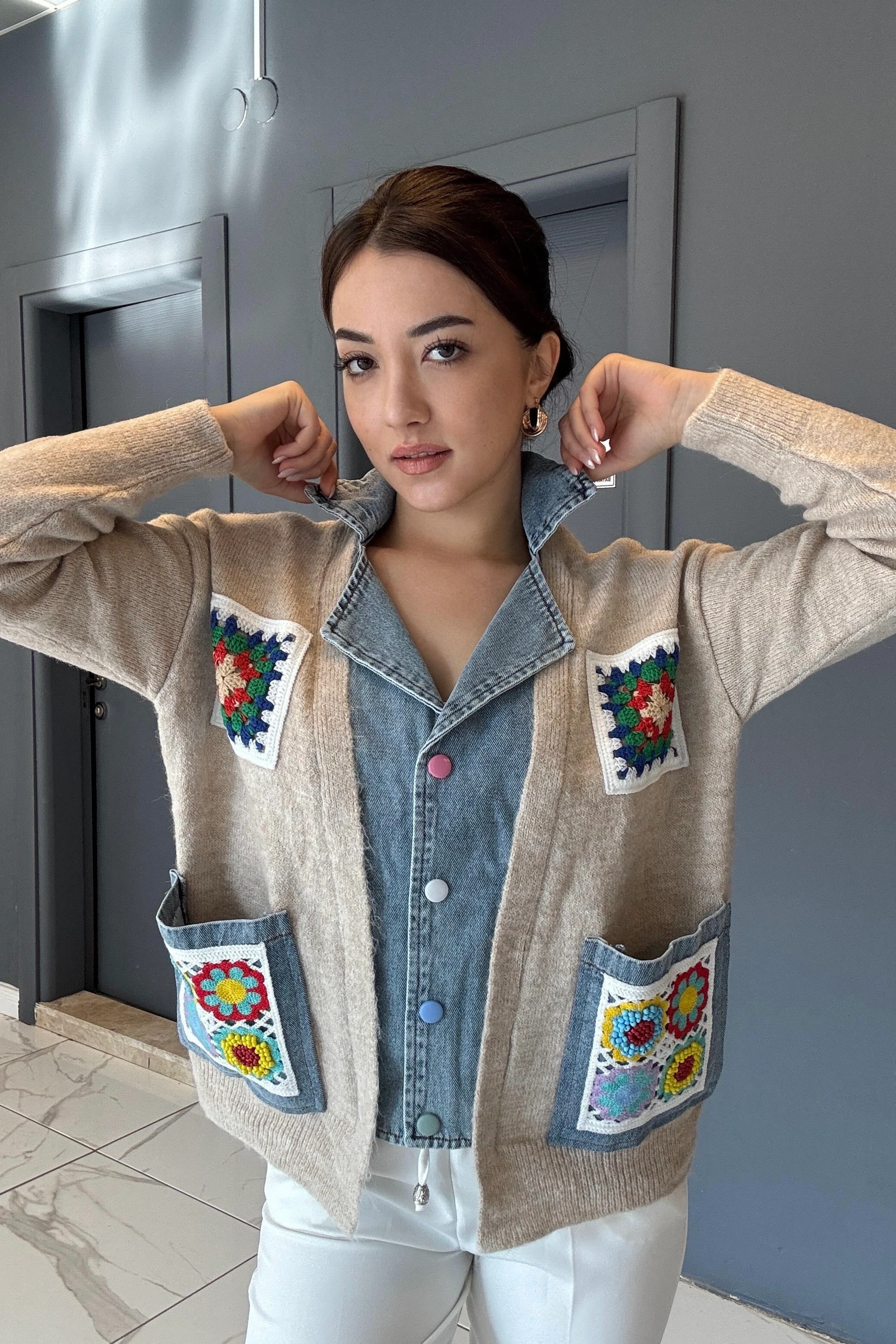 Premium Seri Kot Detaylı Triko Ceket B0376 - Güpürlü