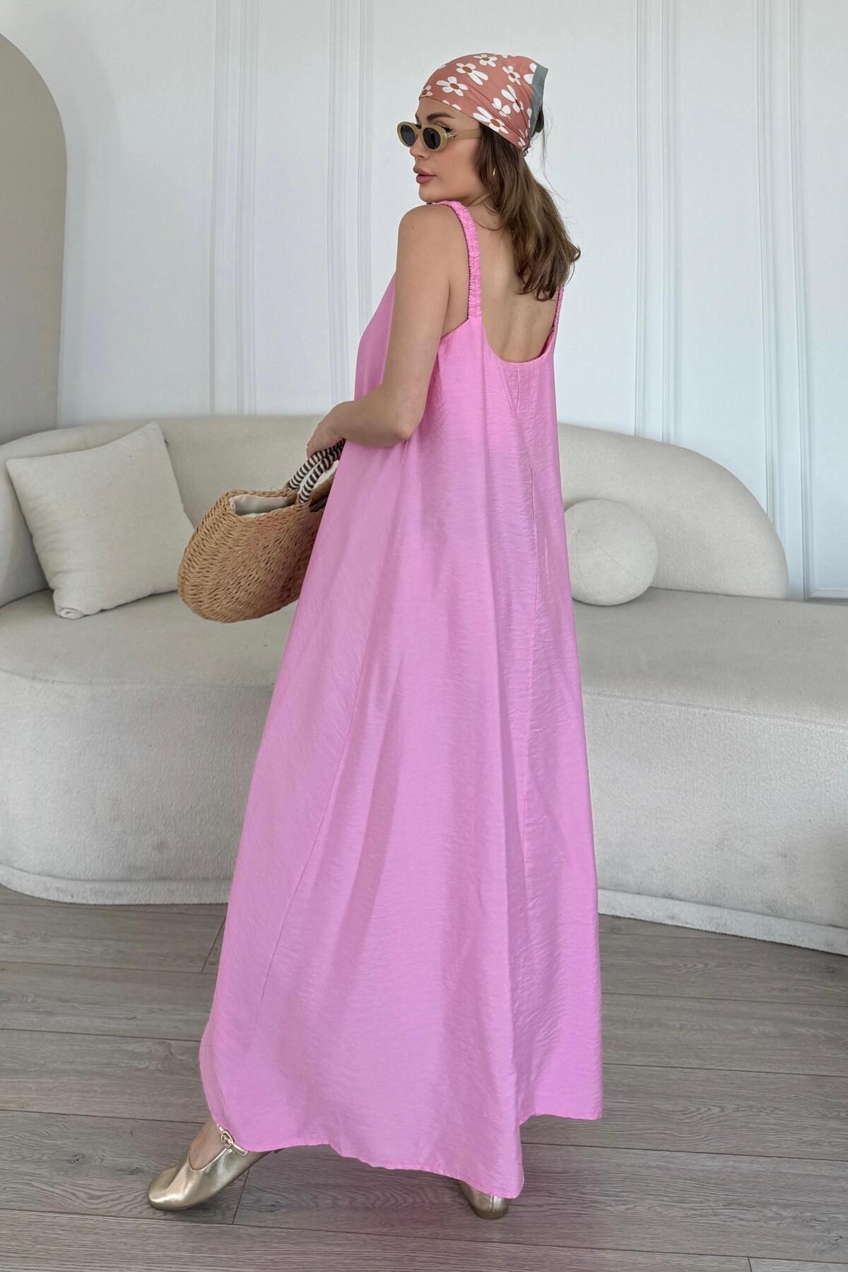 Dökümlü Basic Kolay Ütü Bodrum Keten Elbise - pembe2