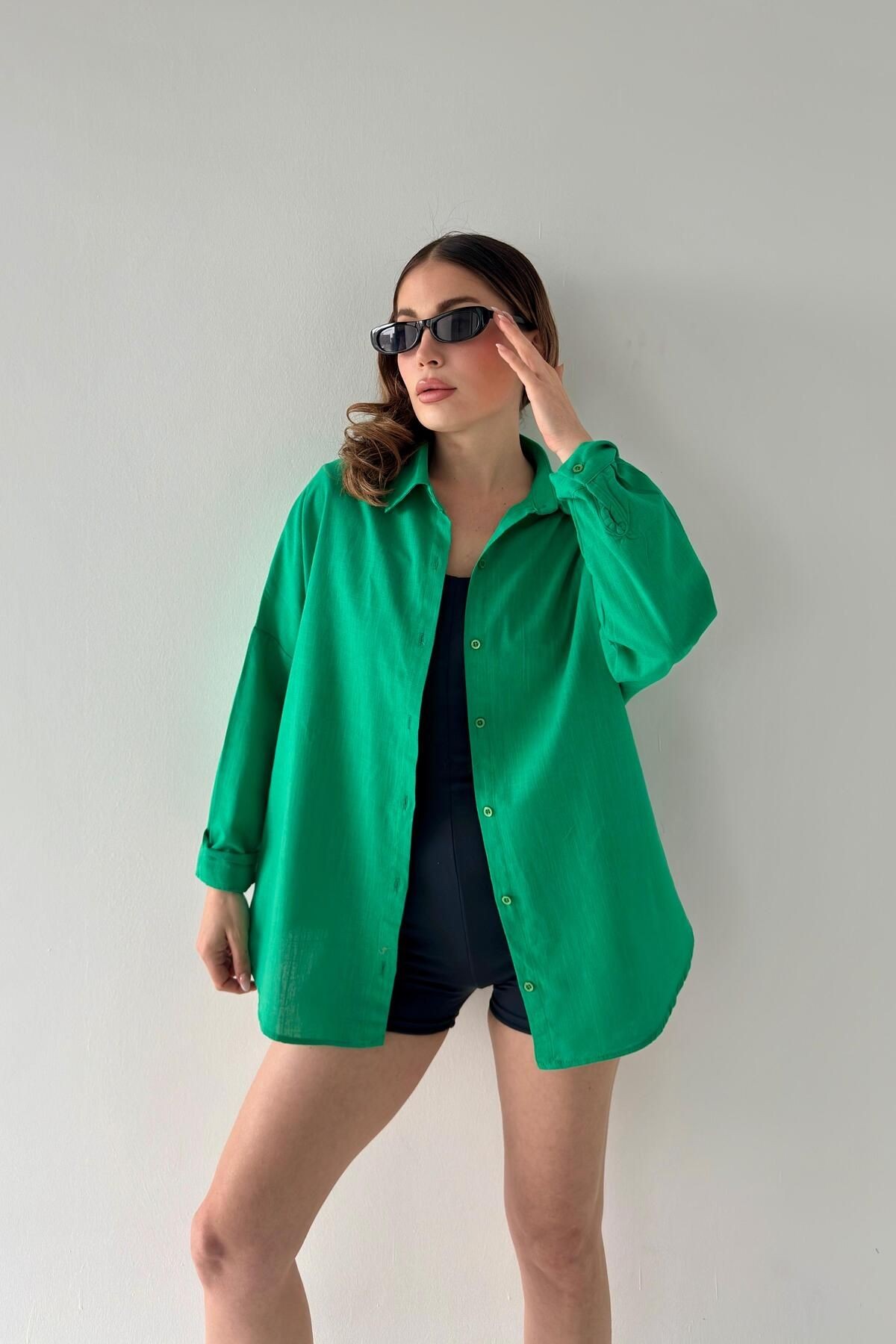 Oversize Keten Dokulu %100 Pamuk Salaş Gömlek Bb-ku3435 - benetonyeşil