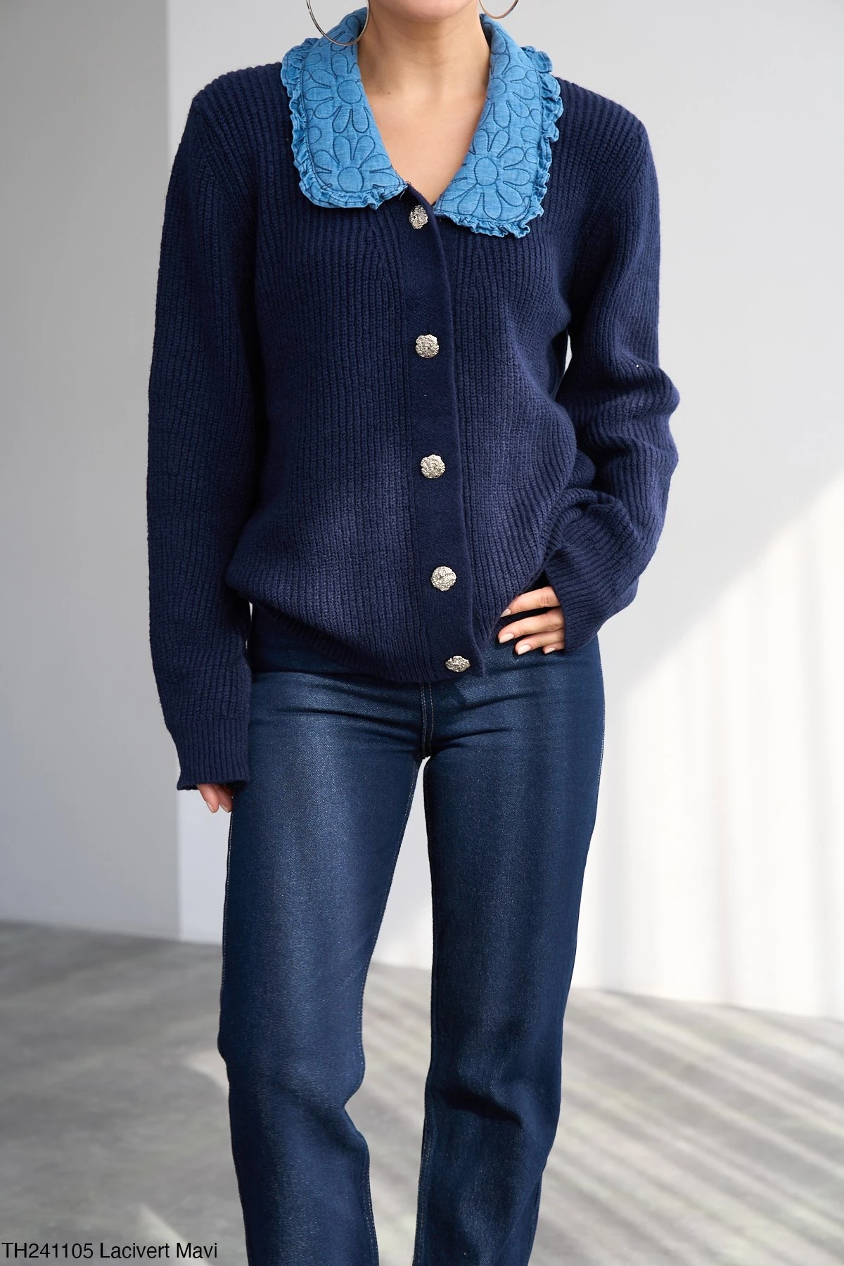 Premium Seri Kot Yakalı Kazak D5490 - lacivert