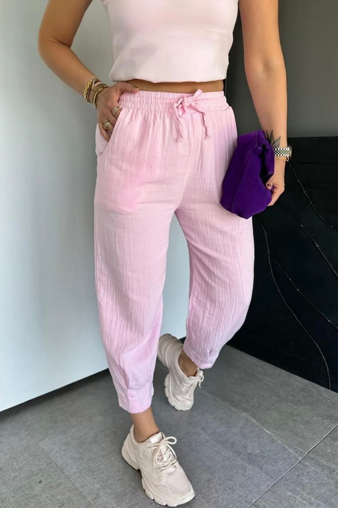 Paça Pensli Müslin Balon Pantolon FG8797 - pembe