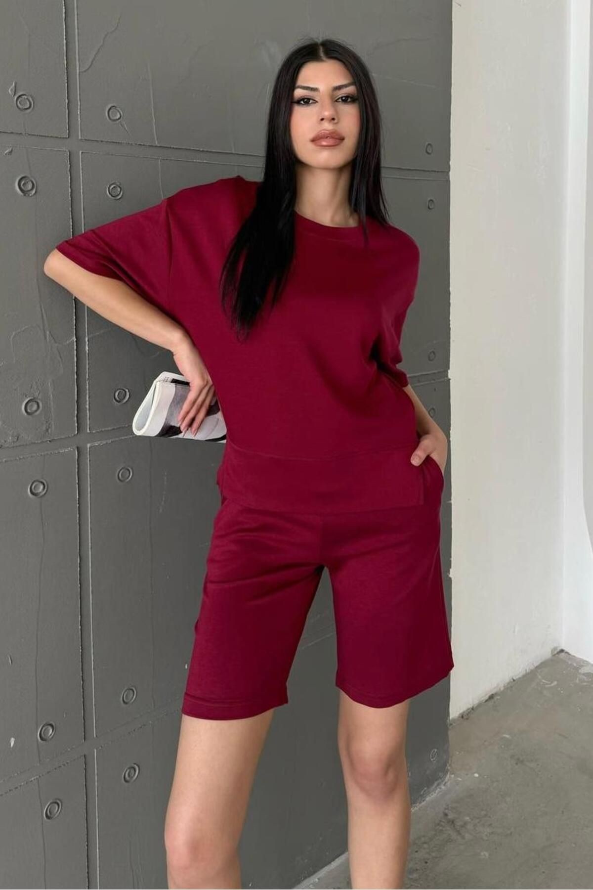 Premium Kalite Modal Şortlu Takım MD6288 - bordo