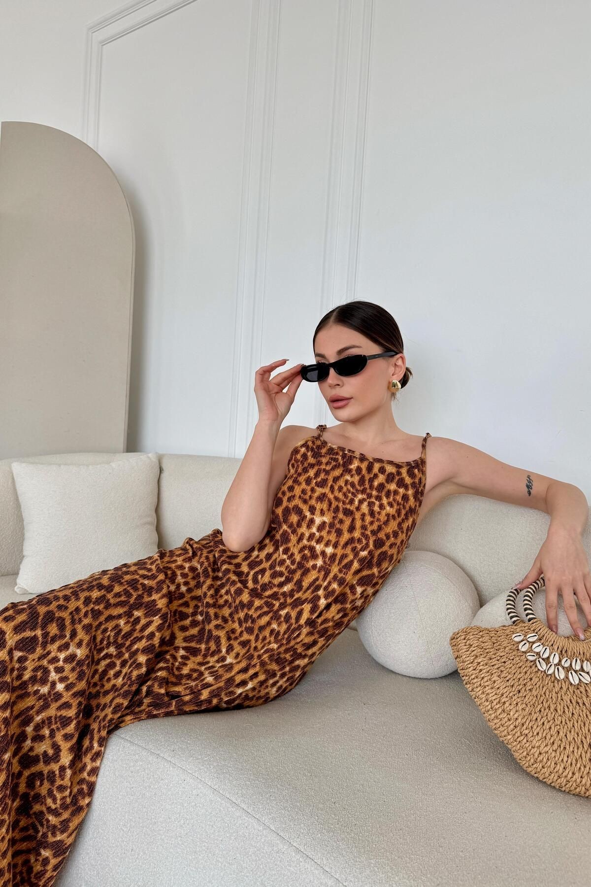 Premium Kalite Ütü İstemeyen Ada Elbise A9666 - leopar