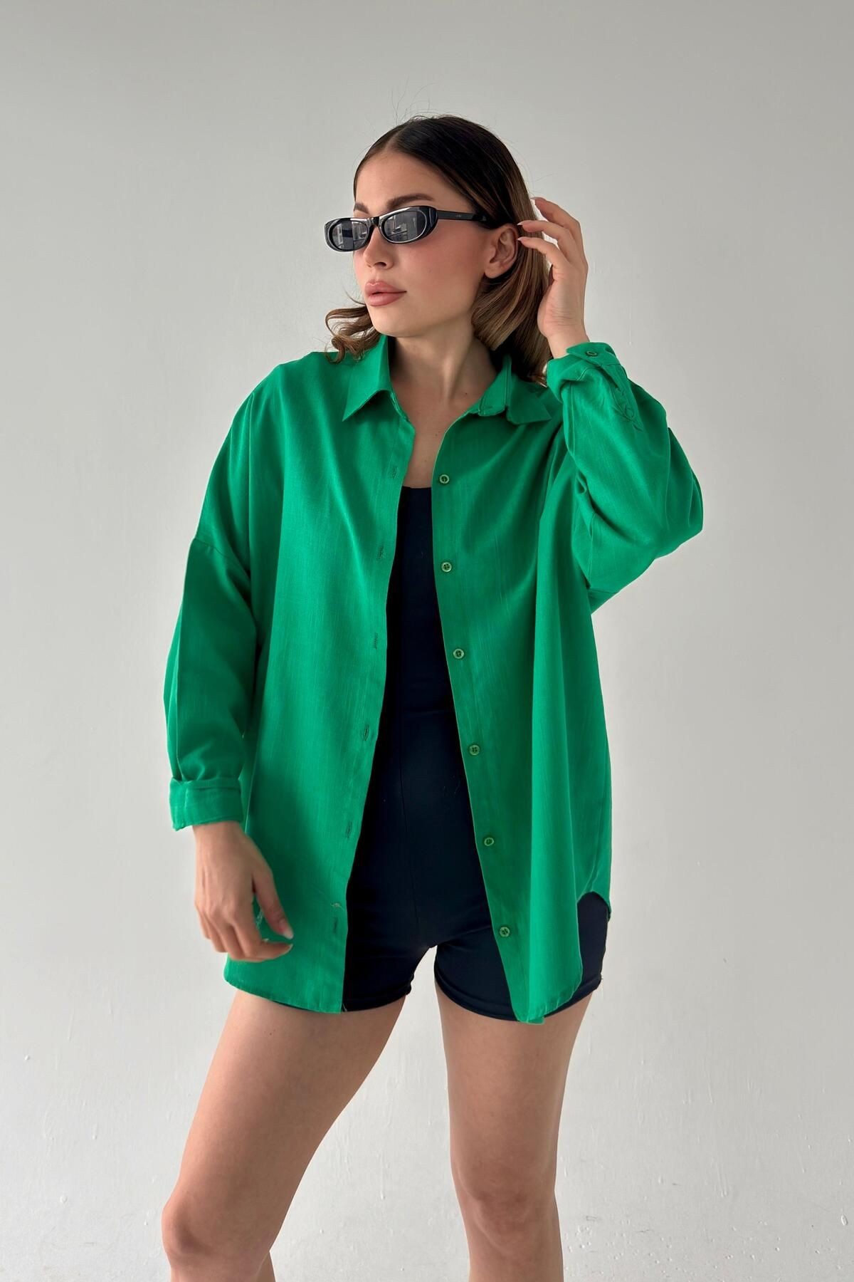 Oversize Keten Dokulu %100 Pamuk Salaş Gömlek Bb-ku3435 - benetonyeşil