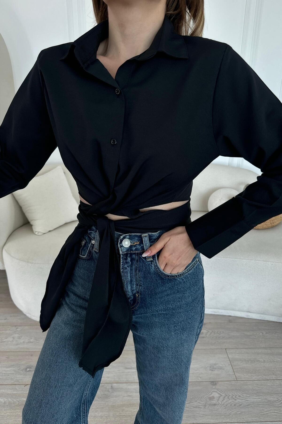 Lüx Kalite Bağlamalı Poplin Gömlek BB0250 - siyah1