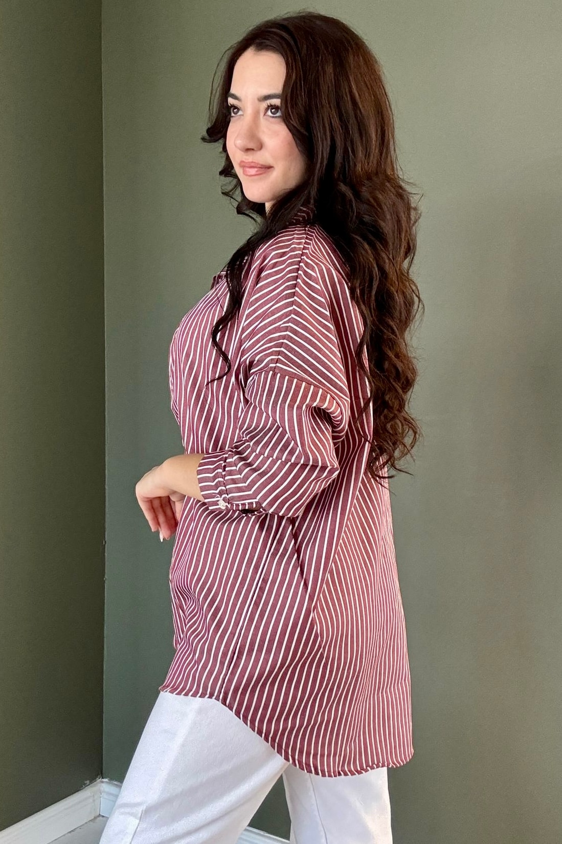 Oversize Çizgili Gömlek B5039 - bordo