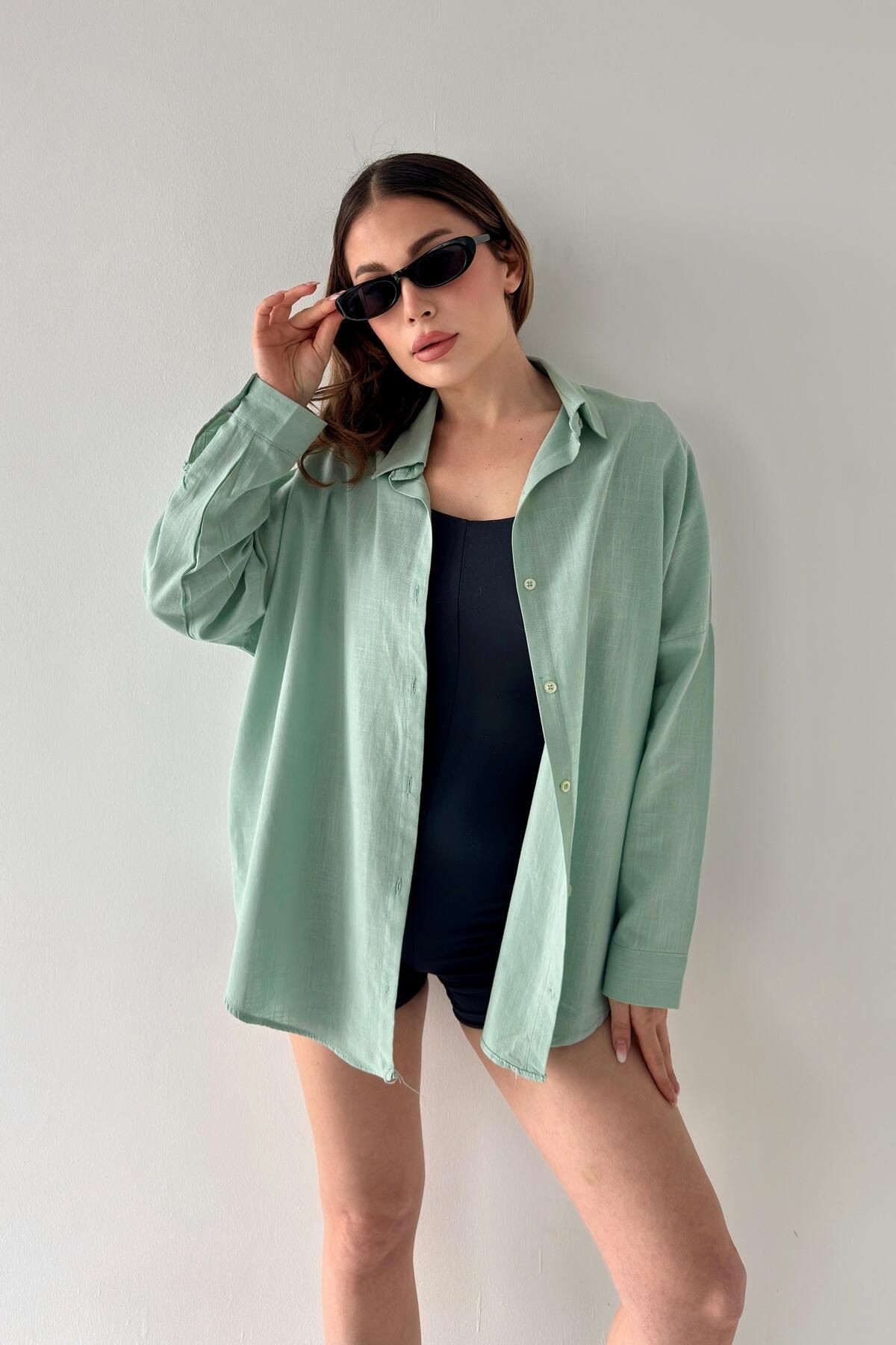 Oversize Keten Dokulu %100 Pamuk Salaş Gömlek Bb-ku3435 - açık haki98